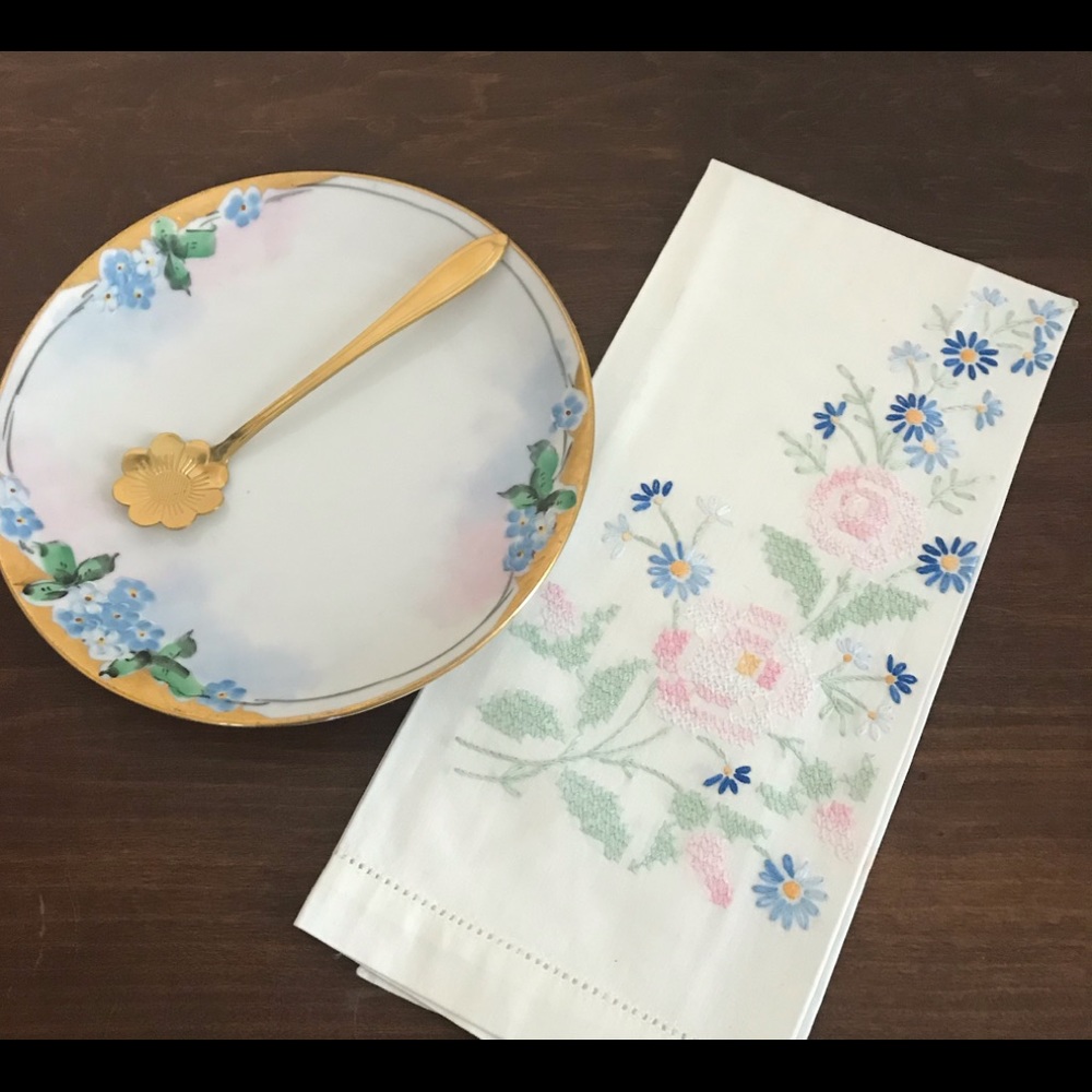 Blue & pink shabby chic hand painted tea plate set